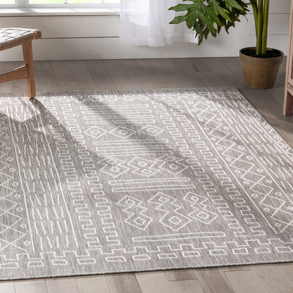 Anza Tribal Geometric Pattern Grey Flat-Weave Indoor/Outdoor Rug MIL-27