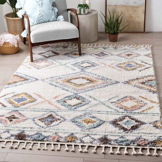 Anahita Vintage Moroccan Diamond Ivory Shag Rug NAL-12