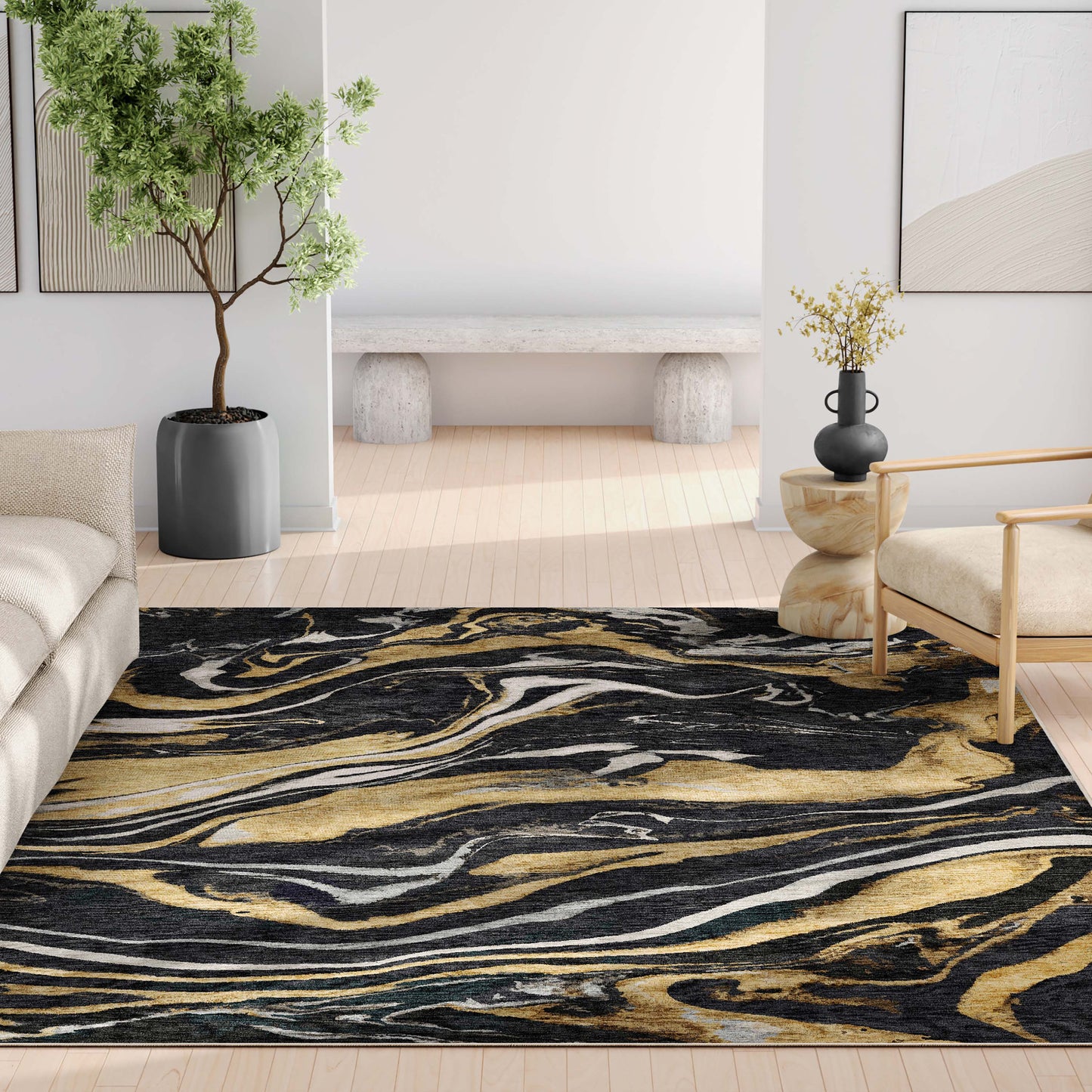 Abstract Dunes Black Gold Rug W-AB-19A