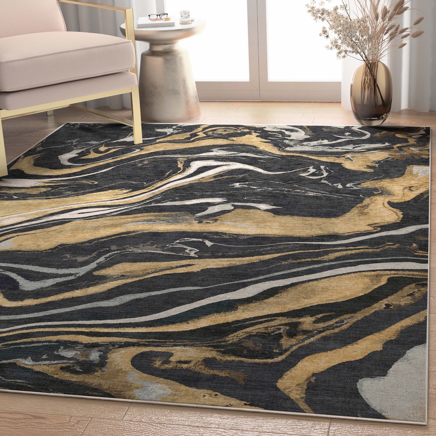 Abstract Dunes Black Gold Rug W-AB-19A