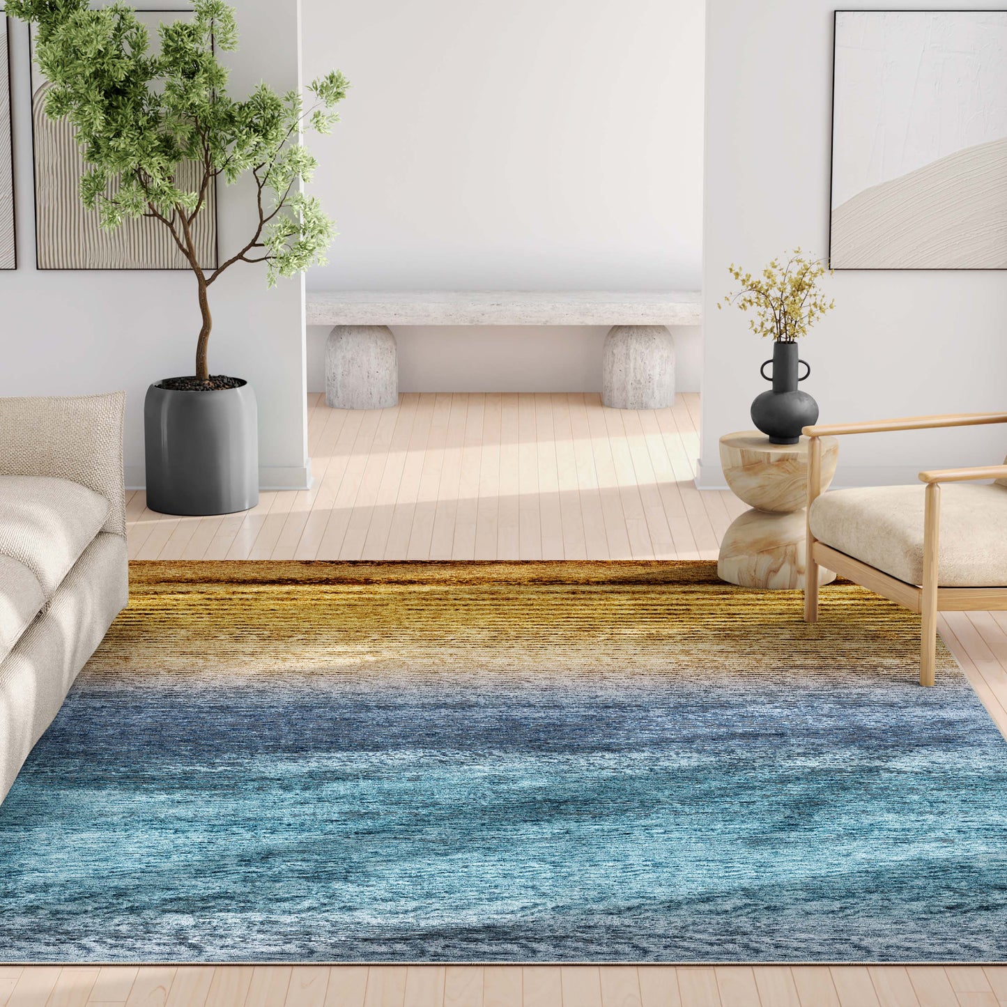 Abstract Sunset Blue Gold Rug W-AB-33C