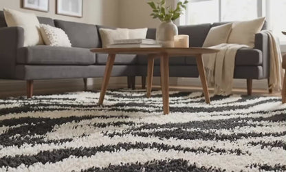 Safari Zebra Black Contemporary Shag Rug 7033