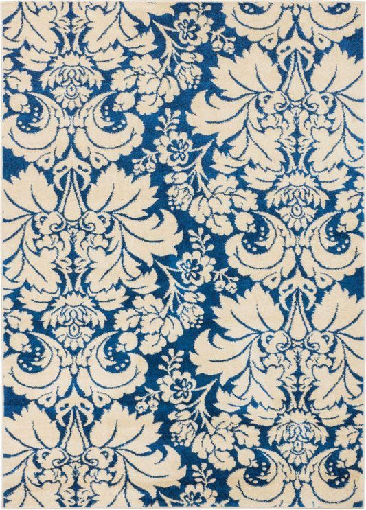 Damask Toile Navy Blue Transitional Rug 2114
