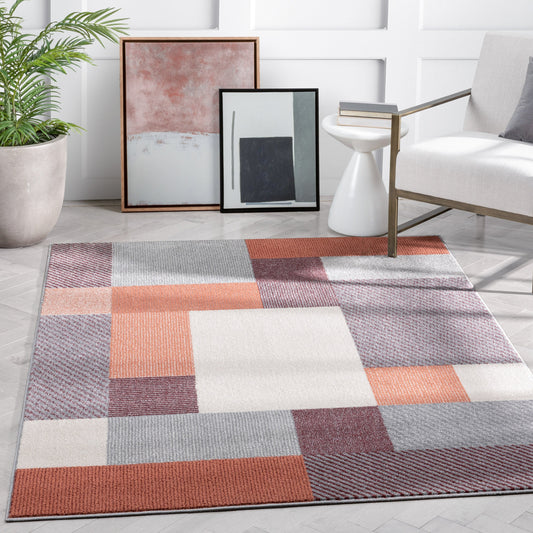 Wilma Modern Geometric Squares Blush Grey Rug 2909