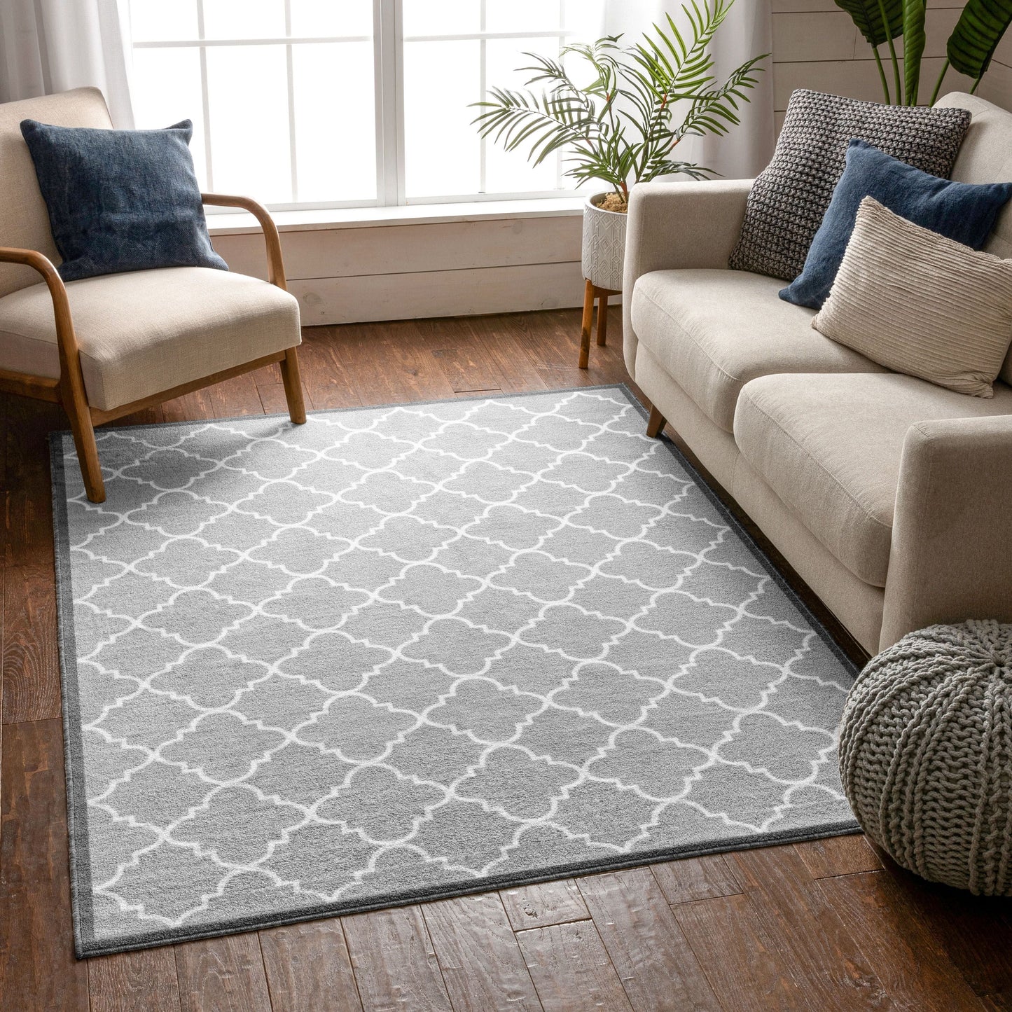 Brooklyn Trellis Grey Modern Non Slip Washable Rug 6518