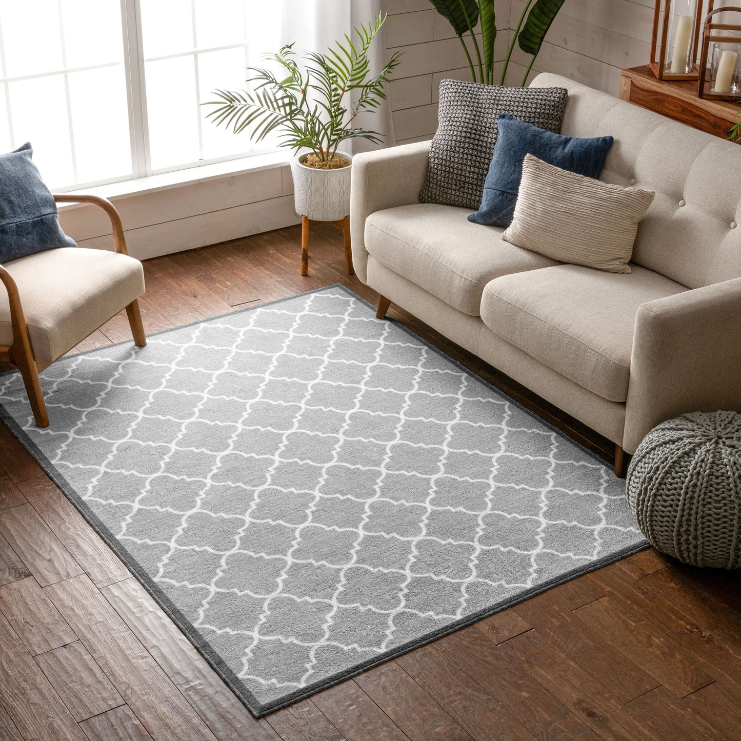 Brooklyn Trellis Grey Modern Non Slip Washable Rug 6518