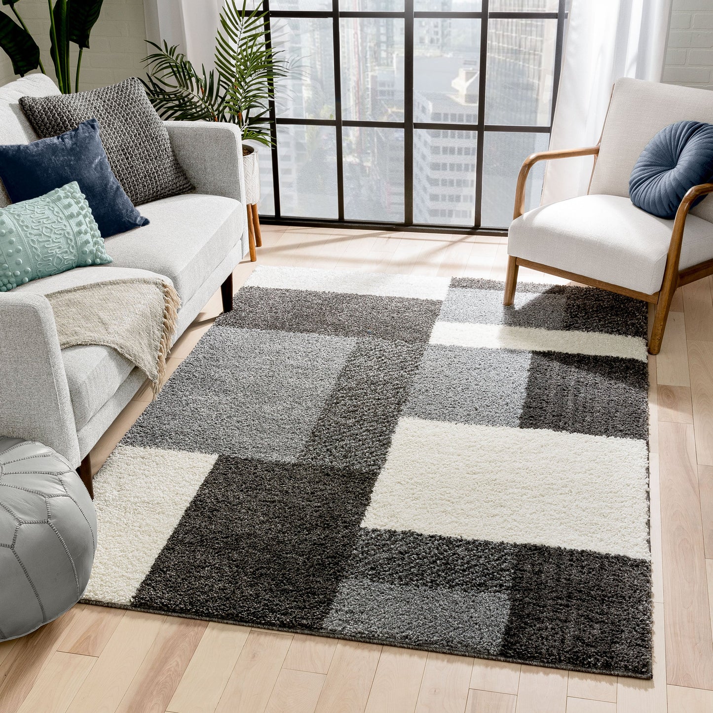 Cubes Geometric Boxes & Squares Dark Grey Thick Shag Rug 7007