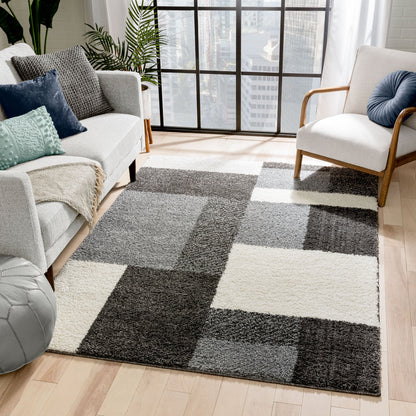 Cubes Geometric Boxes & Squares Dark Grey Thick Shag Rug 7007