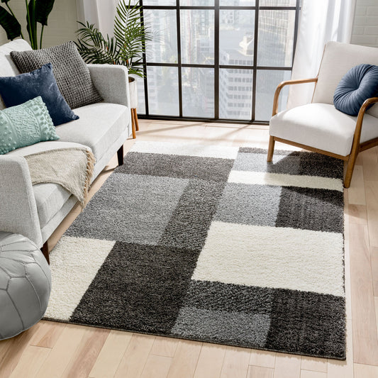Cubes Geometric Boxes & Squares Dark Grey Thick Shag Rug 7007