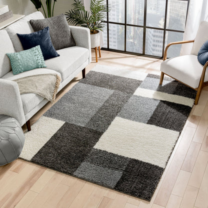 Cubes Geometric Boxes & Squares Dark Grey Thick Shag Rug 7007