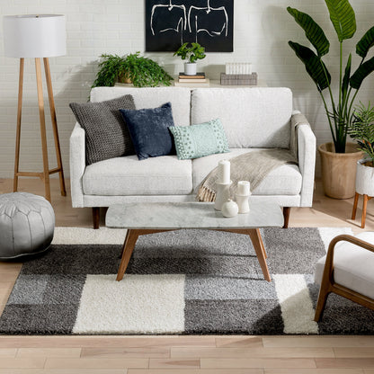 Cubes Geometric Boxes & Squares Dark Grey Thick Shag Rug 7007