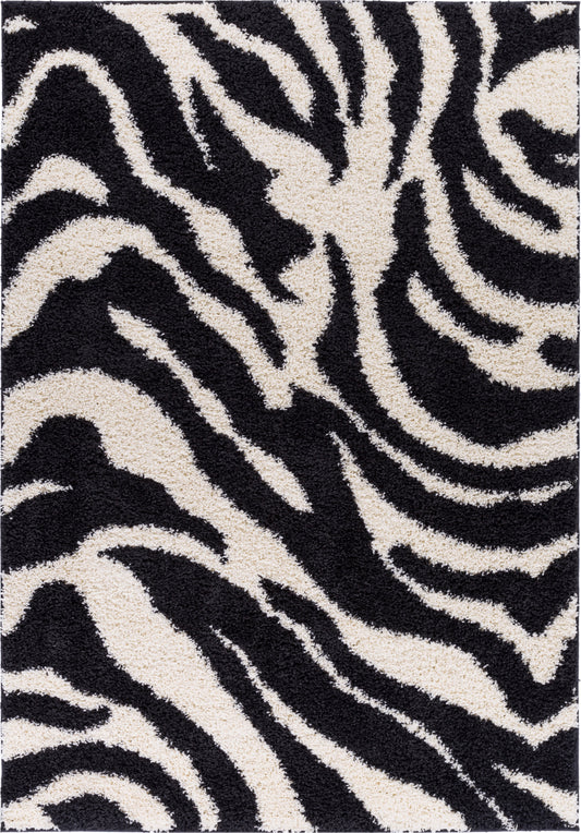 Safari Zebra Black Contemporary Shag Rug 7033