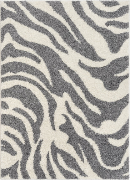 Zebra Animal Print Stripes Light Grey Ivory Thick Shag Rug 7036