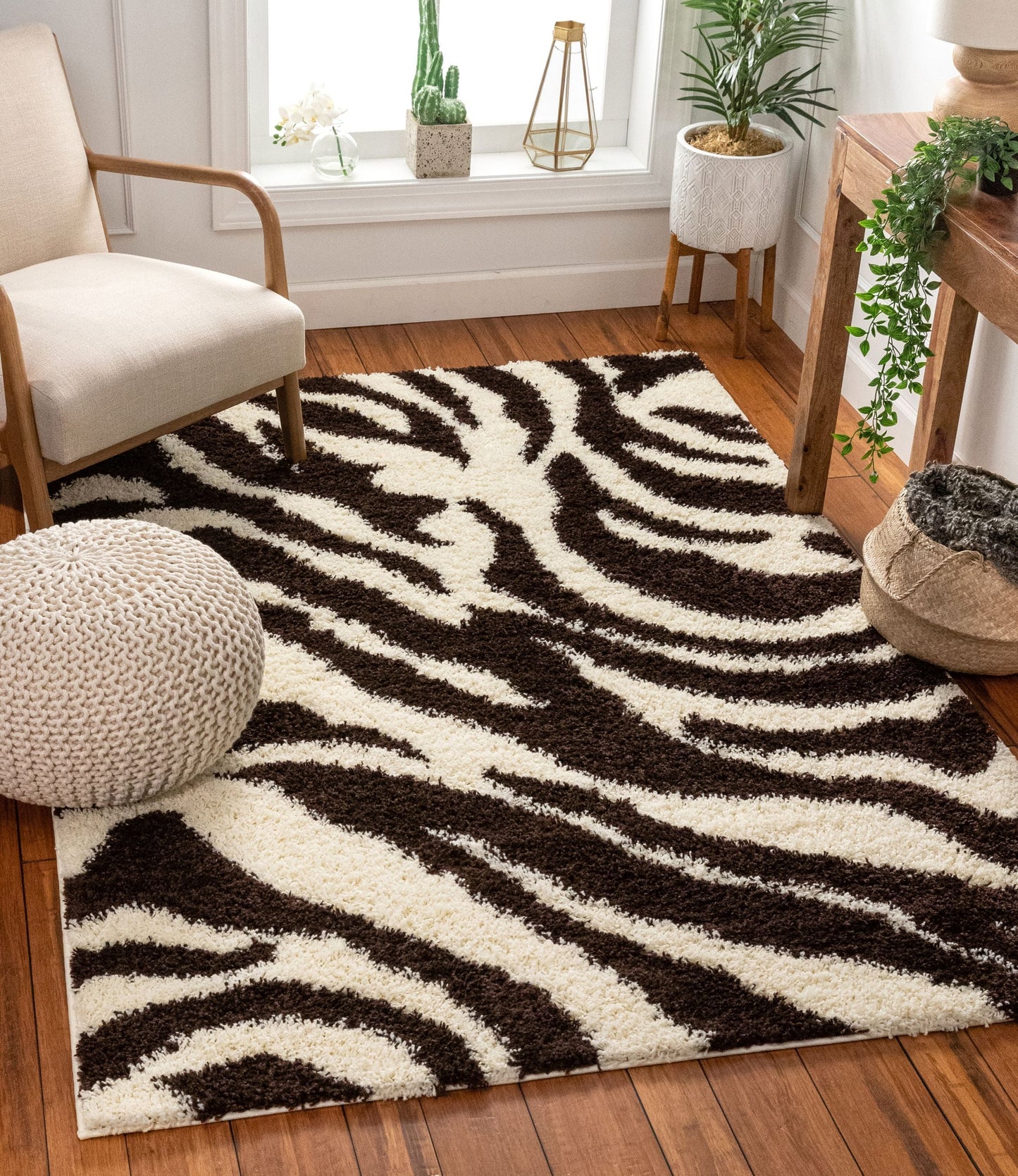 Safari Zebra Brown Contemporary Shag Rug 7038