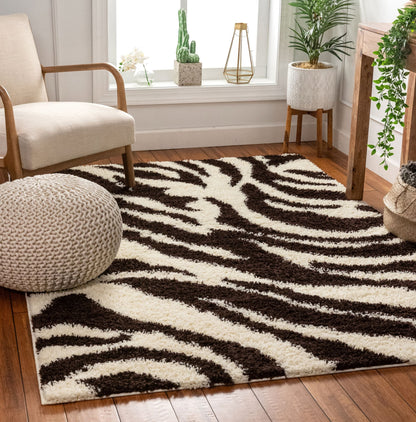 Safari Zebra Brown Contemporary Shag Rug 7038