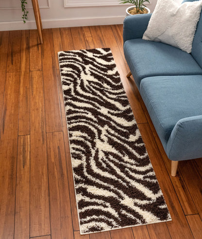 Safari Zebra Brown Contemporary Shag Rug 7038