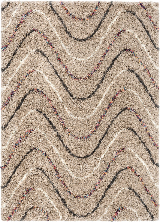 Macie Cream Abstract Wavy Stripes Shag Rug AA-12