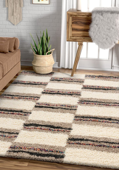 Claire Ivory Geometric Blocks Shag Rug AA-72