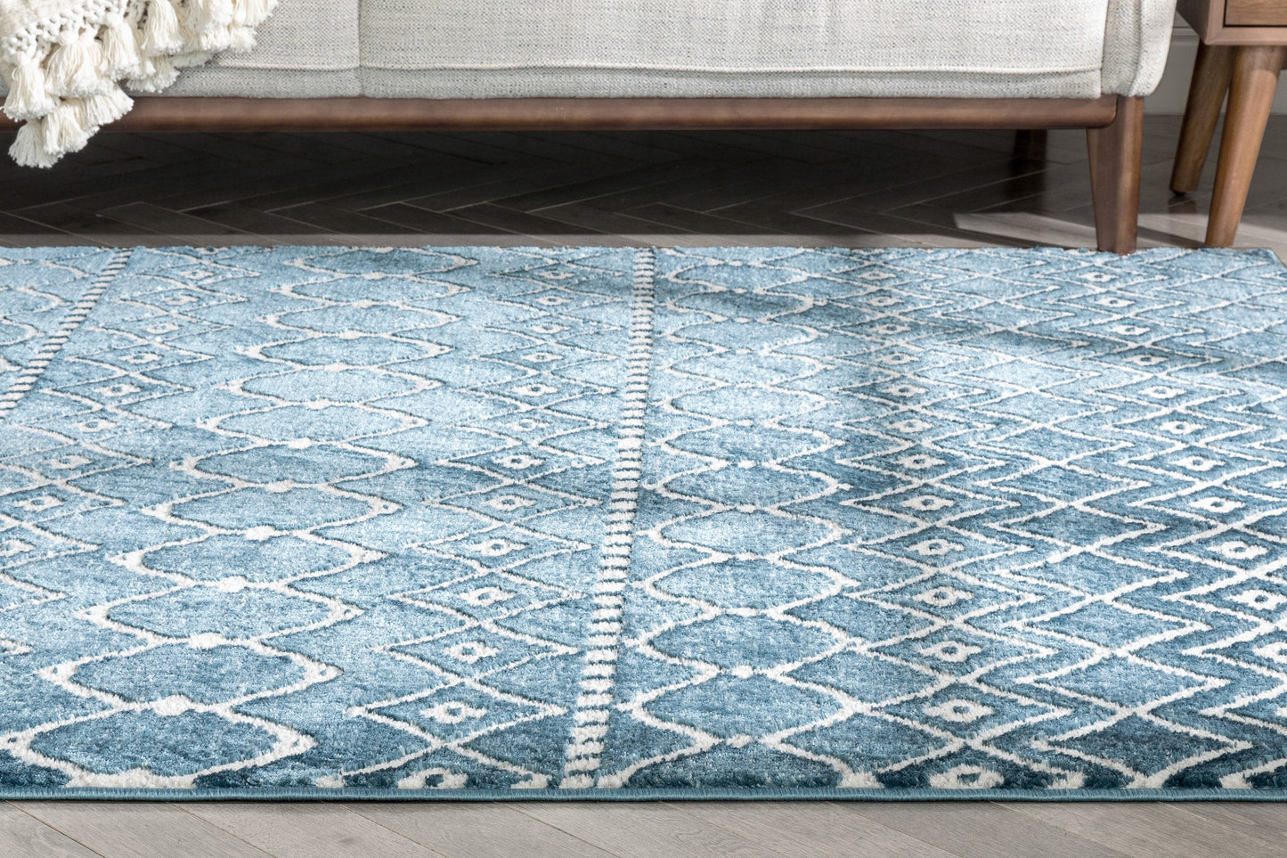 Hira Moroccan Trellis Geometric Blue High-Low Rug ANT-14