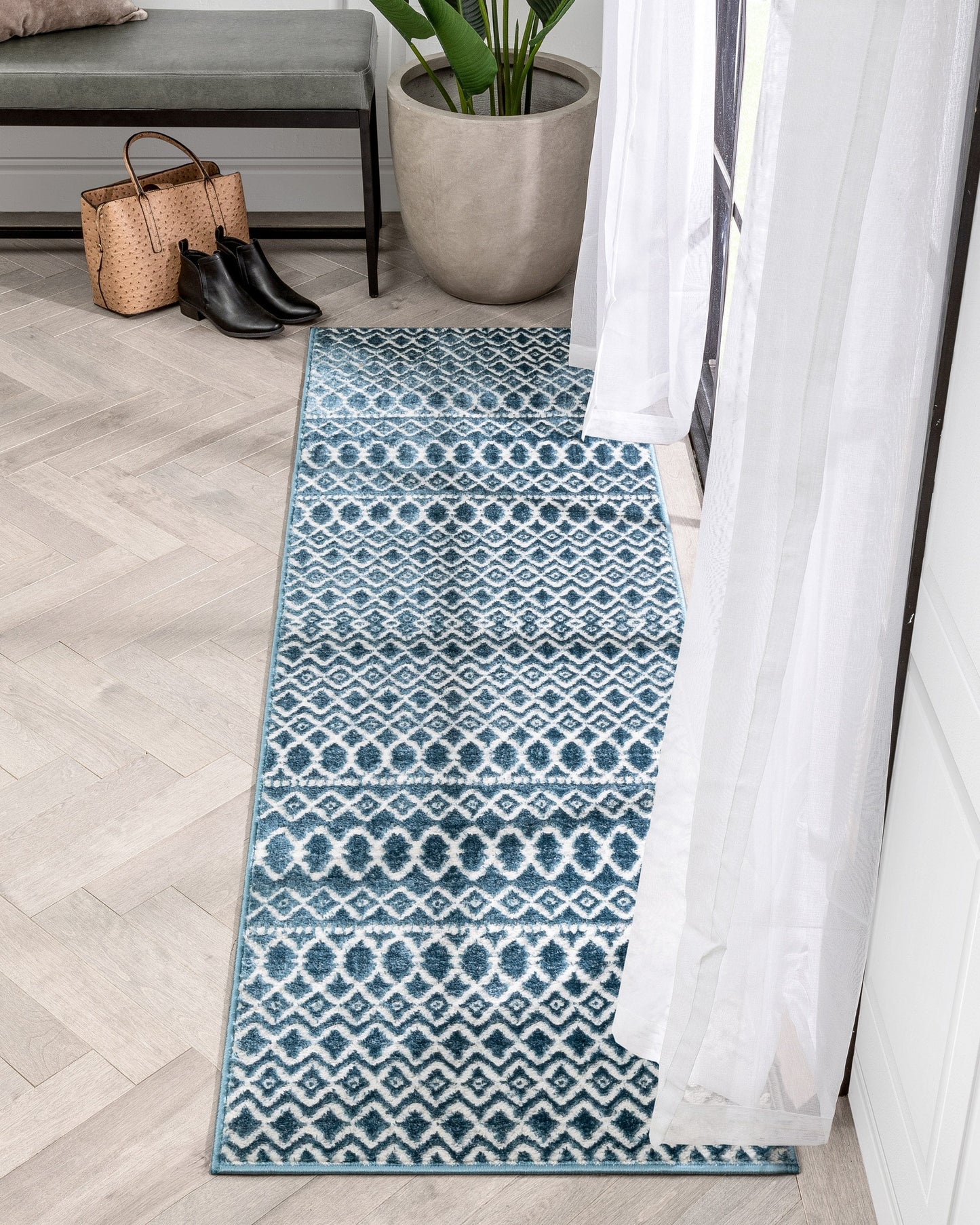 Hira Moroccan Trellis Geometric Blue High-Low Rug ANT-14