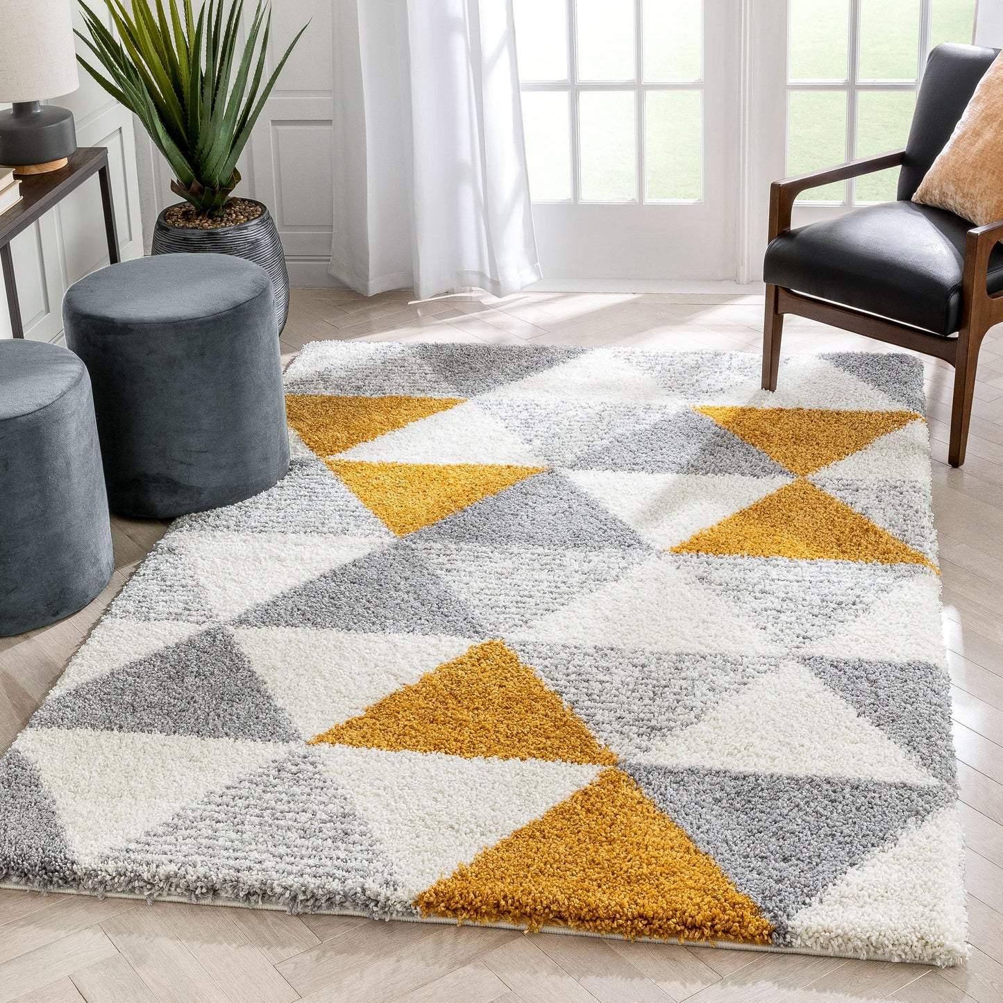 Reily Mid-Century Modern Geometric Triangle Pattern Yellow Shag Rug ARD-11