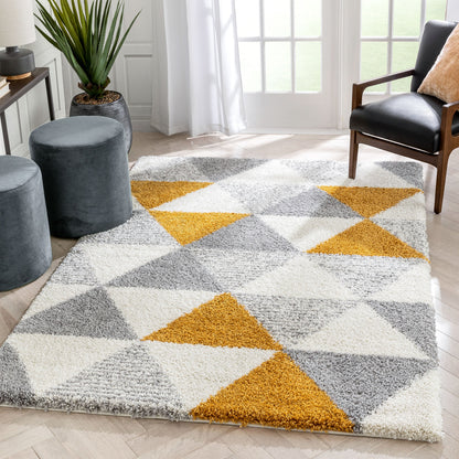 Reily Mid-Century Modern Geometric Triangle Pattern Yellow Shag Rug ARD-11