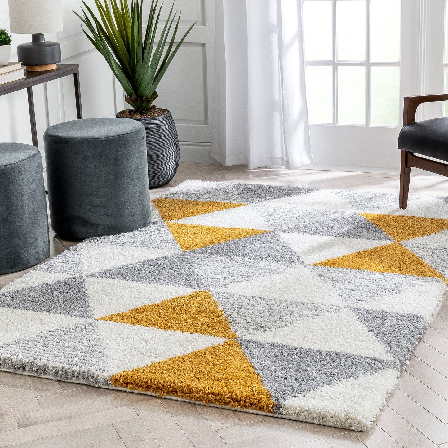Reily Mid-Century Modern Geometric Triangle Pattern Yellow Shag Rug ARD-11
