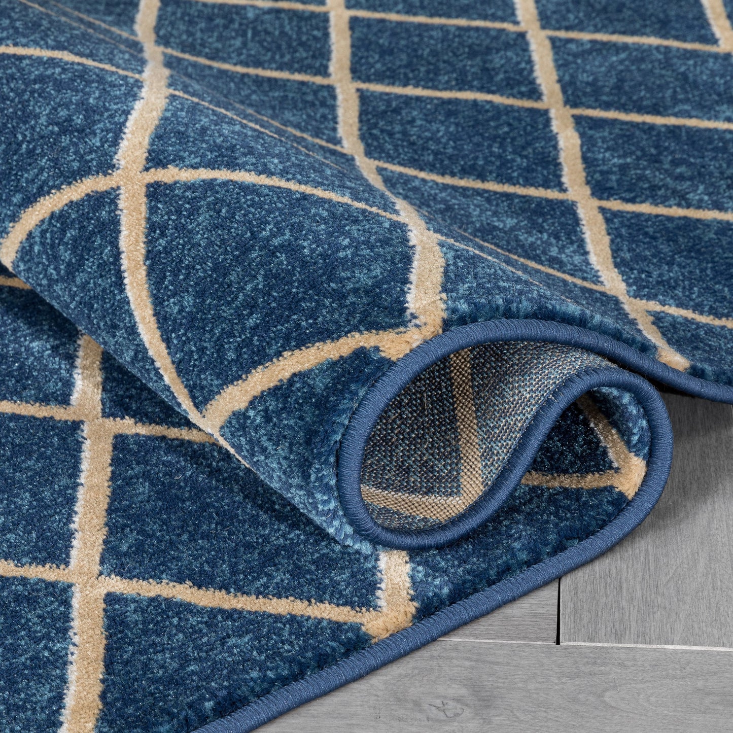 Aiden Trellis Modern Blue Gold Soft Rug BAL-24