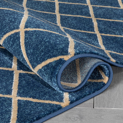 Aiden Trellis Modern Blue Gold Soft Rug BAL-24