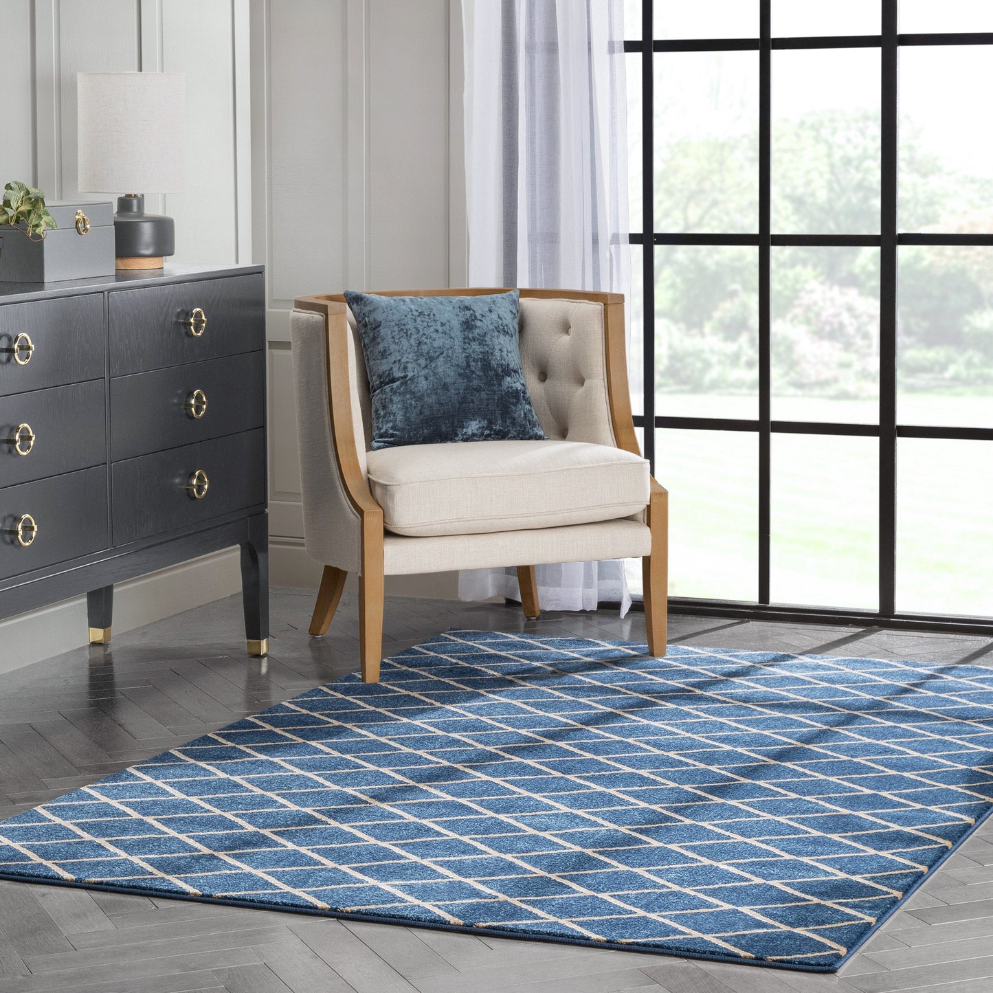 Aiden Trellis Modern Blue Gold Soft Rug BAL-24