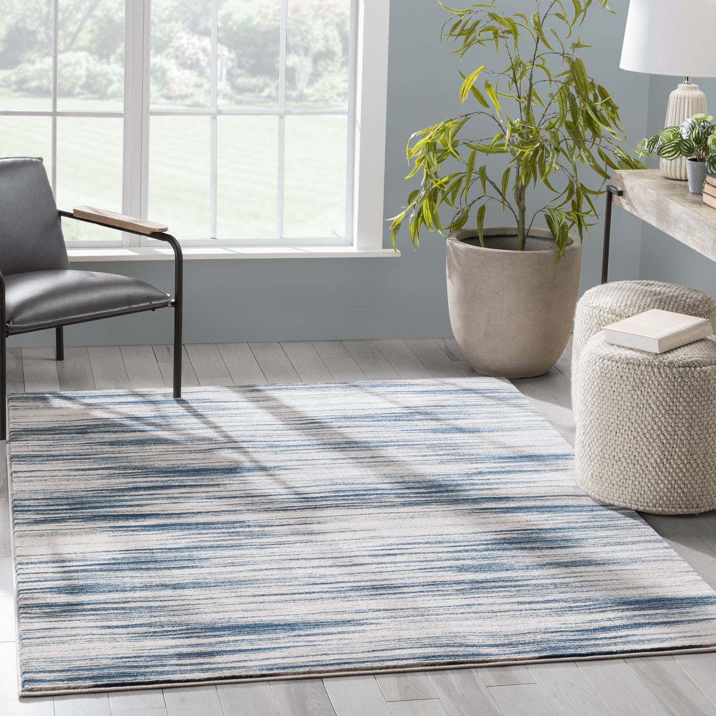 Sebastian Striation Modern Blue Ivory Soft Rug BAL-44