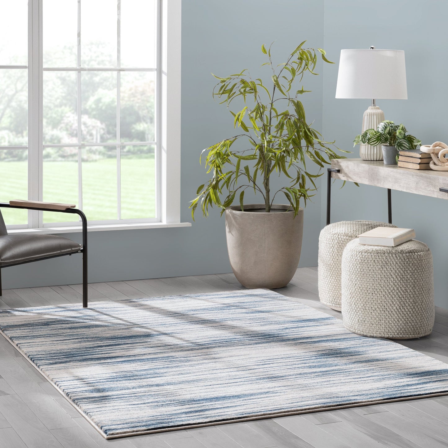 Sebastian Striation Modern Blue Ivory Soft Rug BAL-44
