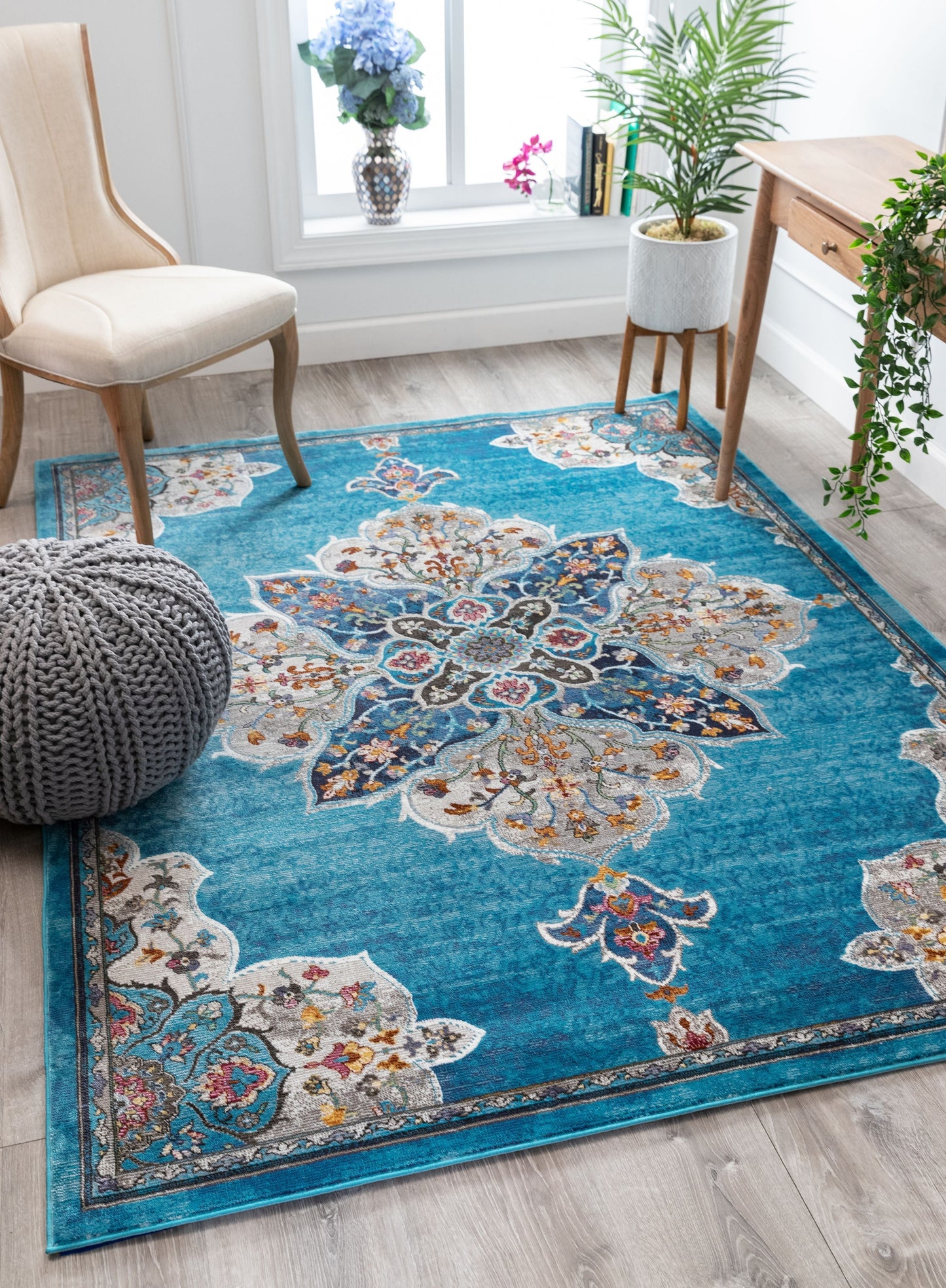 Aidan Bohemian Vintage Floral Mandala Blue Rug BL-26