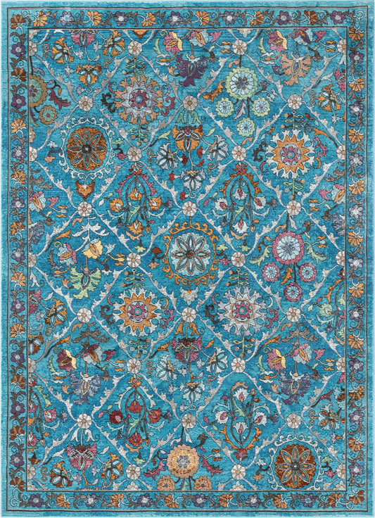 Sabra Bohemian Vintage Panel Floral Blue Rug BL-44