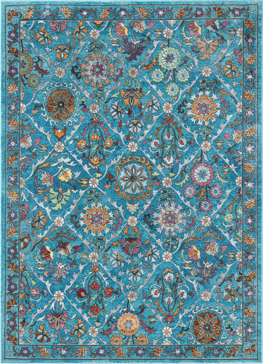 Sabra Bohemian Vintage Panel Floral Blue Rug BL-44