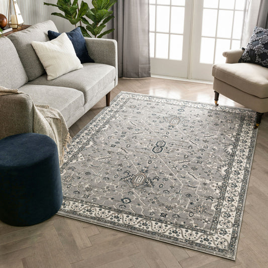 Amare Vintage Botanical Floral Border Grey Rug BLS-27