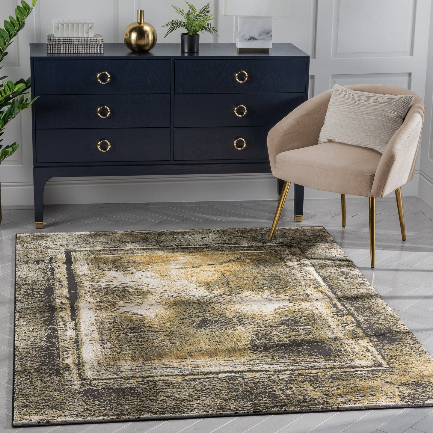 Zaynab Vintage Abstract Border Yellow Glam Rug CAI-101