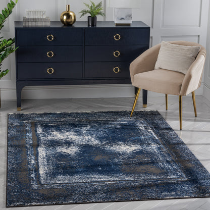 Zaynab Vintage Abstract Border Navy Blue Glam Rug CAI-104
