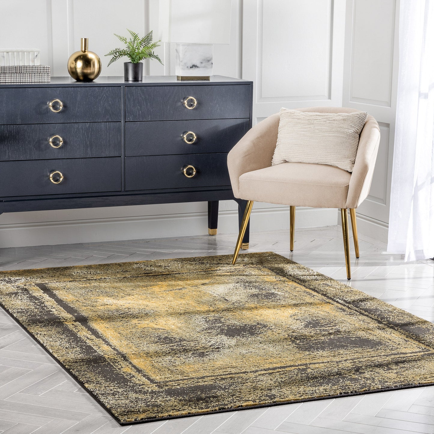 Zaynab Vintage Abstract Border Grey Yellow Glam Rug CAI-107