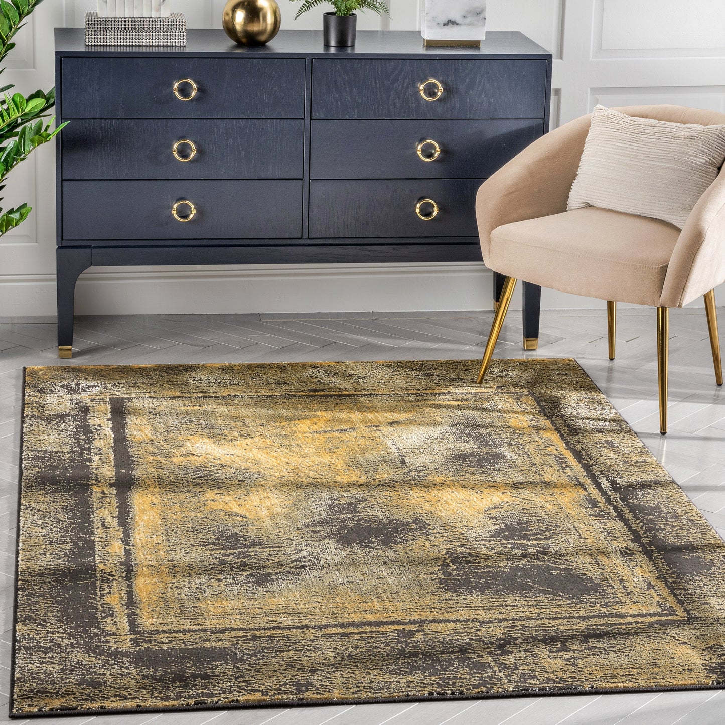 Zaynab Vintage Abstract Border Grey Yellow Glam Rug CAI-107