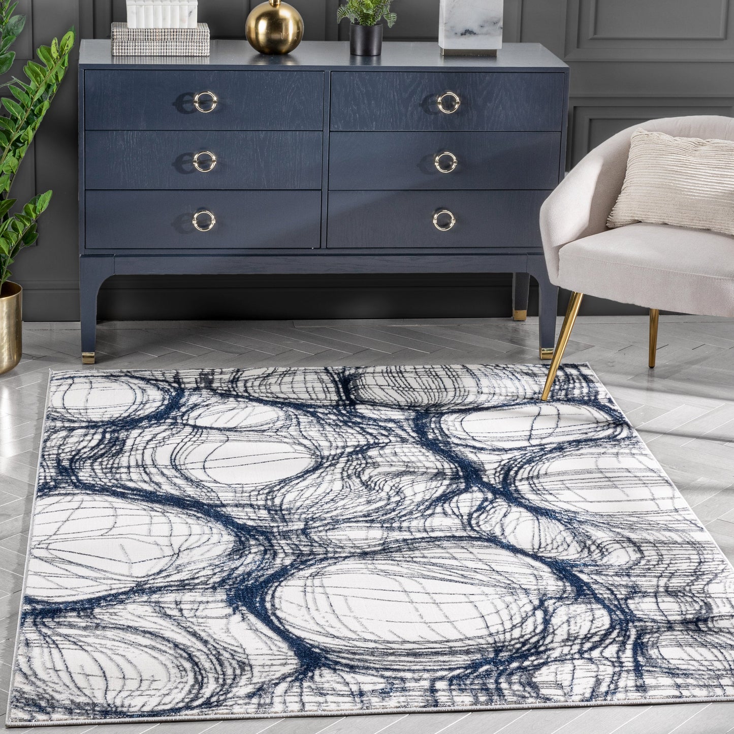 Sinead Vintage Modern Abstract Blue Glam Rug CAI-114
