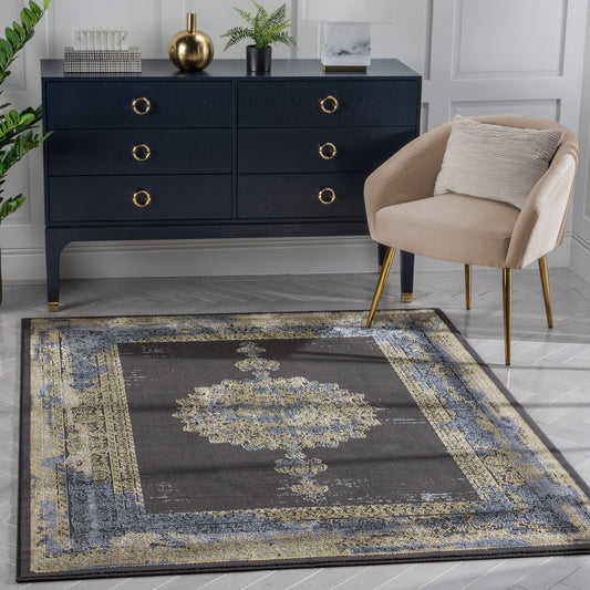 Gemma Vintage Medallion Oriental Dark Grey Glam Rug CAI-17