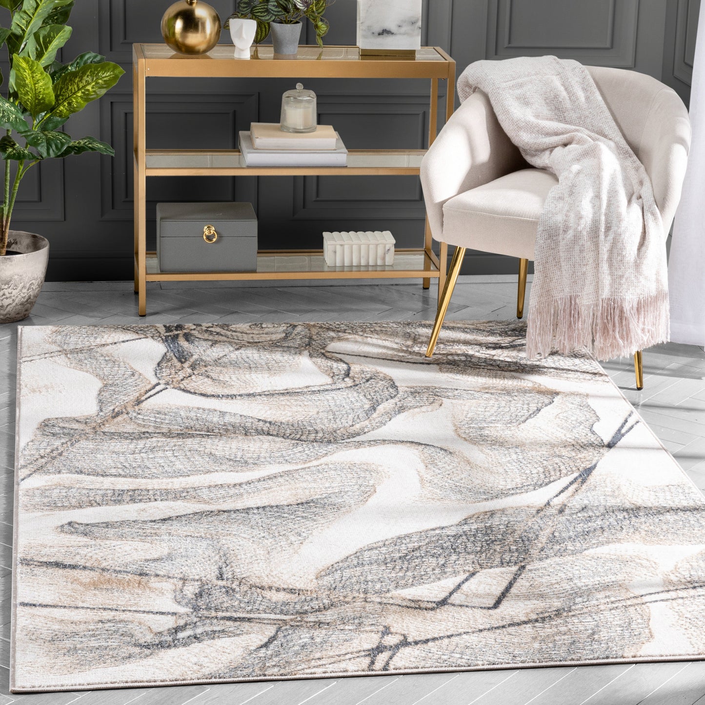 Gillian Vintage Modern Abstract Ivory Glam Rug CAI-32