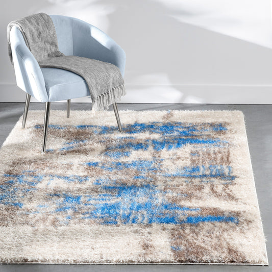 Sariah Modern Abstract Ivory Blue Shag Rug CAN-14