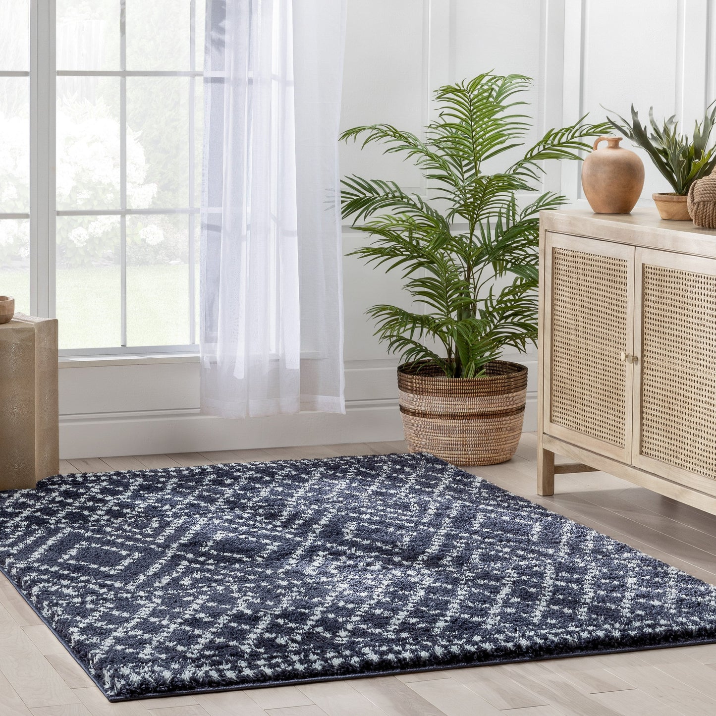 Evora Moroccan Diamond Pattern Blue Thick & Soft Shag Rug CE-14