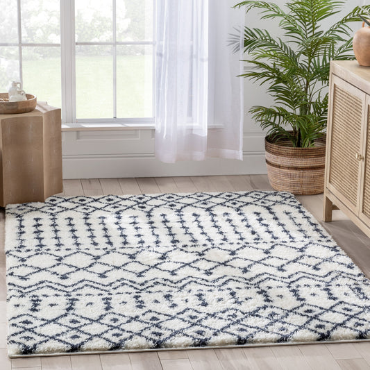 Coimbra Moroccan Diamond Pattern Blue Thick & Soft Shag Rug CE-24