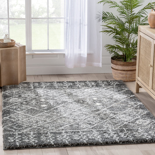 Braga Tribal Geometric Pattern Grey Thick & Soft Shag Rug CE-37