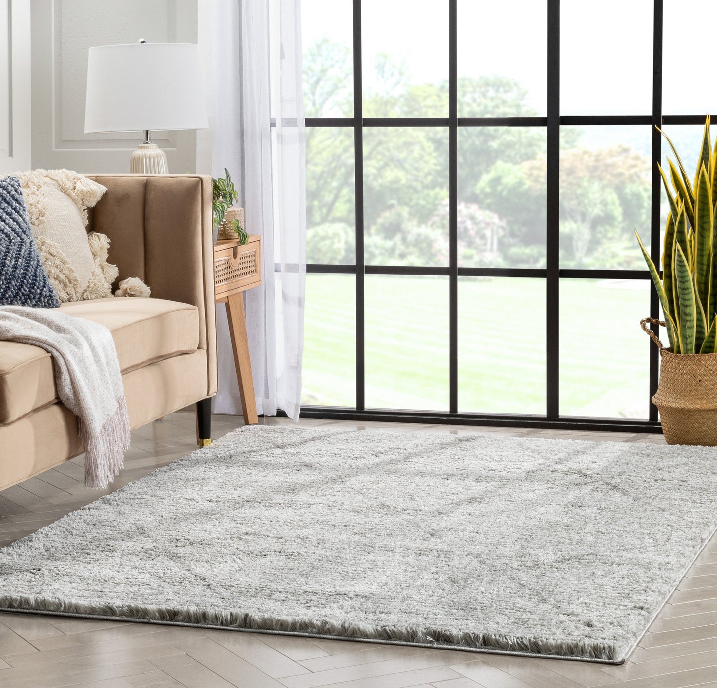 Aviero Moroccan Lattice Trellis Ivory Thick & Soft Shag Rug CE-42