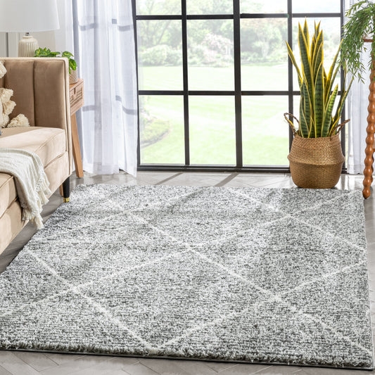 Aviero Moroccan Lattice Trellis Grey Thick & Soft Shag Rug CE-47