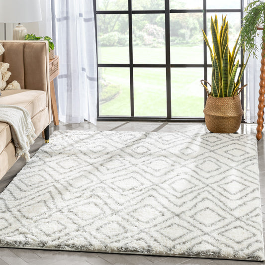 Lagos Tribal Diamond Pattern Ivory Thick & Soft Shag Rug CE-52